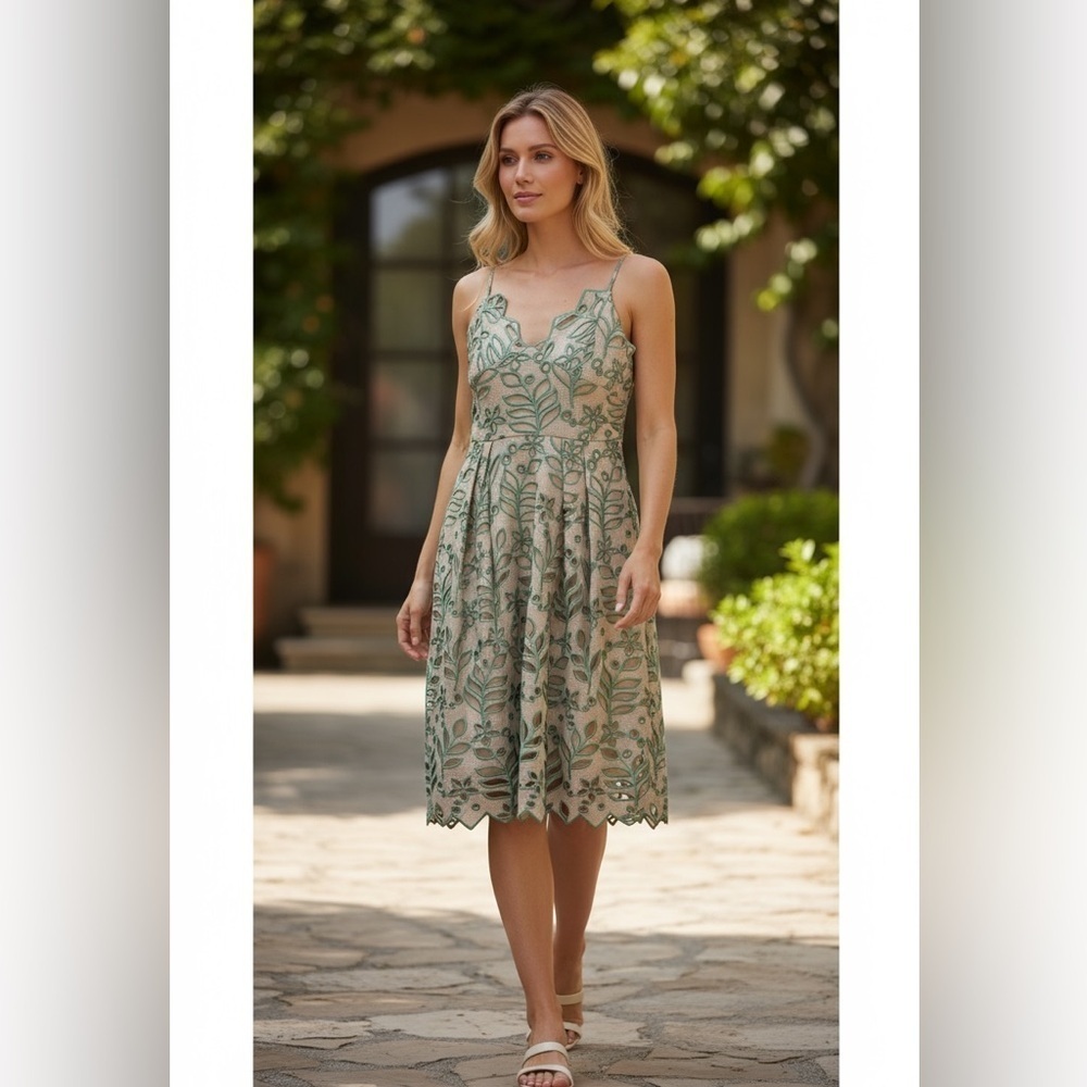 Topshop Green and Cream Lace Midi Dress - Size 12